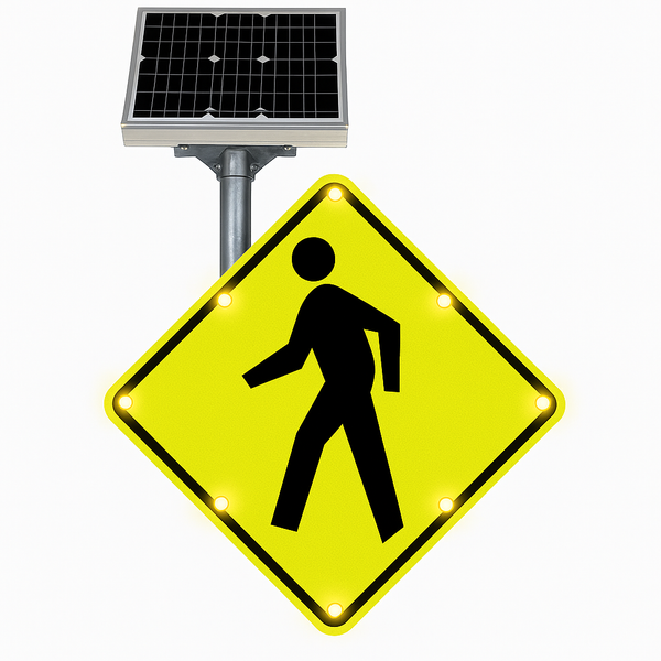 Solar-powered flashing pedestrian crossing sign