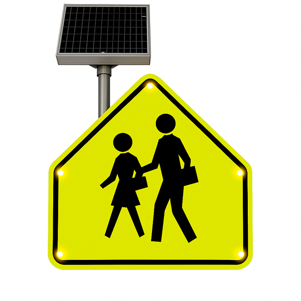Solar-powered flashing school zone sign