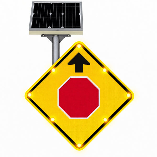 Solar-powered flashing LED stop ahead sign